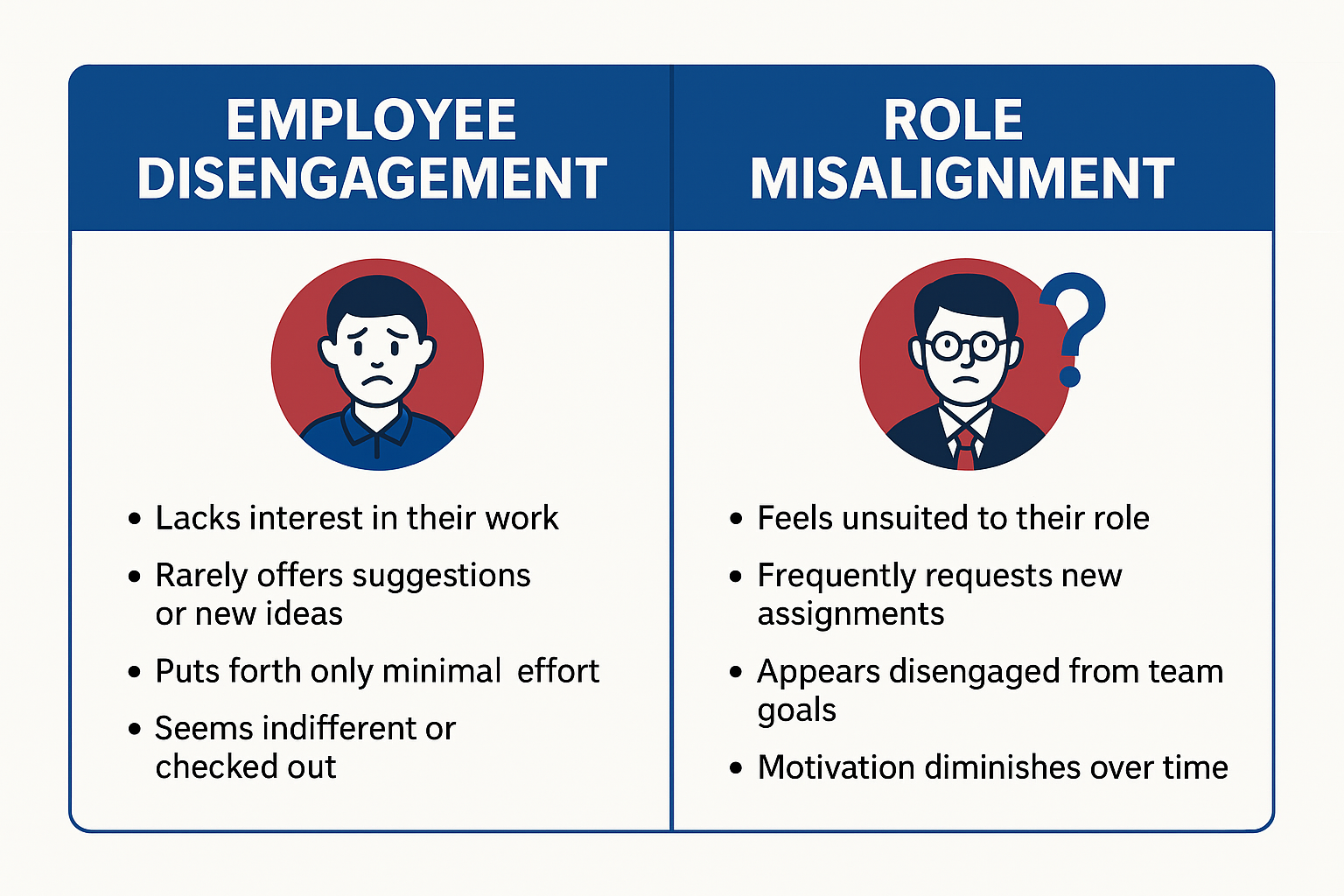 Learn how to identify whether your team member is experiencing employee disengagement or role misalignment. This blog outlines practical steps to spot the difference, reconnect with team members, and take strategic action to re-engage your workforce and reduce turnover.